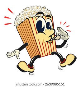 cartoon popcorn box mascot blowing the whistle, funny snack character vector illustration isolated on transparent background, work of hand drawn