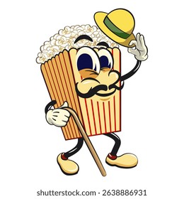 cartoon popcorn box mascot carrying a stick and saluting with raised hat, funny snack character vector illustration isolated on transparent background, work of hand drawn
