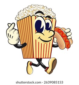 cartoon popcorn box mascot carrying a hotdog while giving love sign, funny snack character vector illustration isolated on transparent background, work of hand drawn