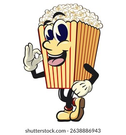 cartoon popcorn box mascot dancing while giving the okay sign, funny snack character vector illustration isolated on transparent background, work of hand drawn