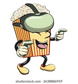 cartoon popcorn box mascot entering virtual reality with technology, funny snack character vector illustration isolated on transparent background, work of hand drawn