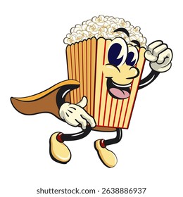 cartoon popcorn box mascot as flying superhero wearing a robe, funny snack character vector illustration isolated on transparent background, work of hand drawn