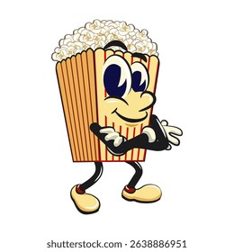 cartoon popcorn box mascot folding his arms calmly, funny snack character vector illustration isolated on transparent background, work of hand drawn