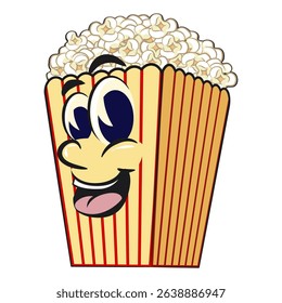 cartoon popcorn box mascot, funny snack character vector illustration isolated on transparent background, work of hand drawn