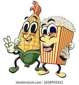 cartoon popcorn box mascot give oke sign with a corn mascot who gives a sign of peace, funny snack character vector illustration isolated on transparent background, work of hand drawn