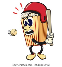 cartoon popcorn box mascot with helmet playing baseball ready to hit the ball with the bat, funny snack character vector illustration isolated on transparent background, work of hand drawn