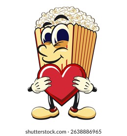 cartoon popcorn box mascot hold the heart with love, funny snack character vector illustration isolated on transparent background, work of hand drawn