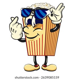 cartoon popcorn box mascot opening his sunglasses a little while giving a love sign, funny snack character vector illustration isolated on transparent background, work of hand drawn