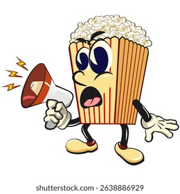 cartoon popcorn box mascot out loud with loudspeaker, funny snack character vector illustration isolated on transparent background, work of hand drawn
