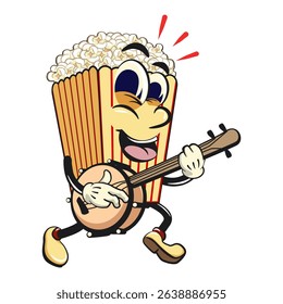 cartoon popcorn box mascot playing the banjo musical instrument, funny snack character vector illustration isolated on transparent background, work of hand drawn