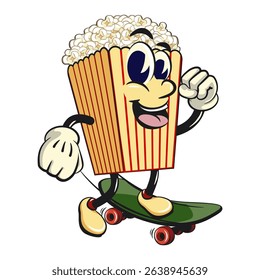 cartoon popcorn box mascot playing skateboard, funny snack character vector illustration isolated on transparent background, work of hand drawn