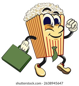 cartoon popcorn box mascot in a suitcase rushing to the office, funny snack character vector illustration isolated on transparent background, work of hand drawn