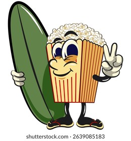 cartoon popcorn box mascot with surfboard and gave a peace sign, funny snack character vector illustration isolated on transparent background, work of hand drawn