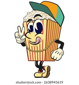 cartoon popcorn box mascot wearing a hip-hop style hat and wearing a sparkling gold necklace, funny snack character vector illustration isolated on transparent background, work of hand drawn