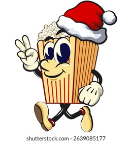 cartoon popcorn box mascot wearing a Santa Claus hat while giving a two-finger peace sign, funny snack character vector illustration isolated on transparent background, work of hand drawn