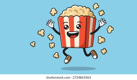 Ein Popcornkarton mit einem lächelnden Gesicht, Armen und Beinen, in dynamischer Springpose dargestellt, um den herum einzelne Popcornstücke schweben.
