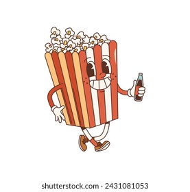 Cartoon popcorn bucket groovy character. Isolated vector lively psychedelic food personage with funky smile and soda bottle in hand pops with retro charm bringing joy and flavor to snacking adventures