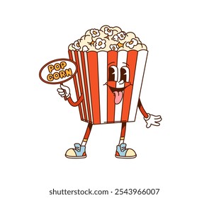 Cartoon popcorn bucket groovy fast food character. Isolated vector cheerful pop corn retro personage with a vibrant red and white stripes, playful smile and happy eyes, ready for nostalgic movie night