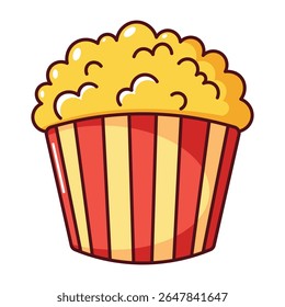 Cartoon popcorn bucket with red and yellow stripes isolated on white background