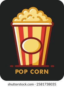 A cartoon of a popcorn bucket with the words pop corn written below it. The image has a fun and playful mood, with the bright colors of the popcorn bucket and the yellow and red stripes