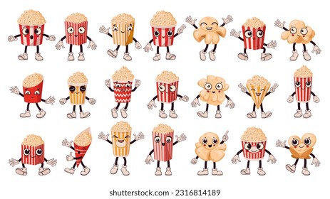 Cartoon popcorn characters. Popping corn funny mascots with emotions, eyes and mouths flat vector illustration set. Cute popcorn emojis with hands and legs