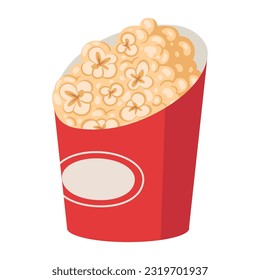 Cartoon popcorn cup. Popcorn paper bucket, salty or sweet flavour tv or movie watching snack. Flat vector illustration