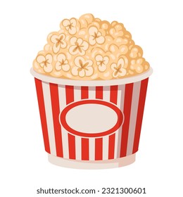 Cartoon popcorn cup. Popcorn paper bucket, salty or sweet popping corn flavour, movie watching snack flat vector illustration