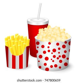 cartoon. Popcorn, French fries, juice.