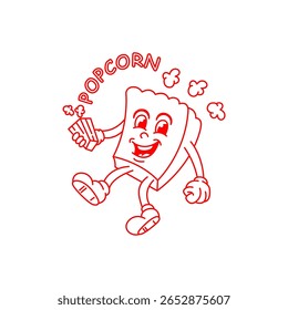 Cartoon popcorn logo design that loves eating popcorn vector. Line art of a red popcorn container.