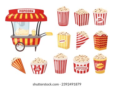 Cartoon popcorn machine and boxes. Movie food store popcorn stand with various size packaging containers vector illustration set of box cartoon corn, movie popcorn