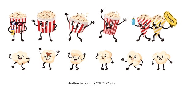 Cartoon popcorn mascot. Funny popping corn and popcorn bucket characters in 1930s rubber hose style, vector illustration set of cinema corn food