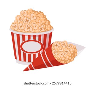 Cartoon popcorn paper cups. Movie watching snack, popcorn bucket, popping corn with salty or sweet flavour flat vector illustration set. Striped popcorn buckets