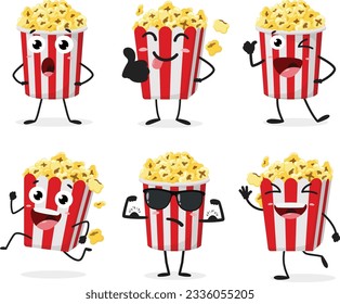 Popcorn de dibujos animados, conjunto de caracteres Cute, aislado sobre fondo blanco