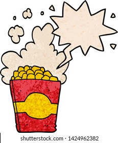 cartoon popcorn with speech bubble in retro texture style
