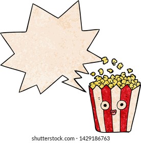cartoon popcorn with speech bubble in retro texture style