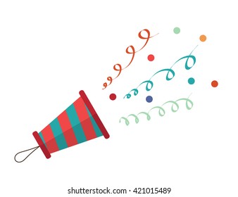 Cartoon popper on a white background. Popper with streamers and confetti in a flat style. Vector illustration of toys, design element, background for the invitation to the party. Stock vector
