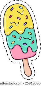 Cartoon popsicle melting with yellow and turquoise glaze, covered with colorful sprinkles and surrounded by a cute dashed border, ideal for summer projects