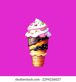 Cartoon popsicles in a waffle cup on a pink background. Vector illustration