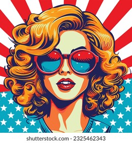 Cartoon Popup Style Woman, US Colors Glasses, American attire, Holiday, Independence, 4th July