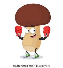 cartoon porcini mushroom mascot in red boxing gloves on white background