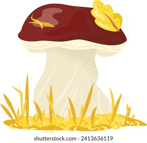 Cartoon porcini mushroom on grass, autumn fungus with leaves. Forest collectible edible boletus vector illustration.