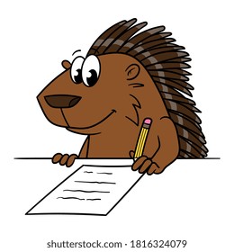 Cartoon Porcupine Writing on a Piece of Paper