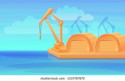 cartoon port with crane and hangars, vector illustration