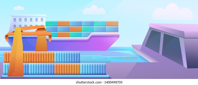 Cartoon port with ship loaded with docks and crane, vector illustration