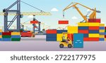 Cartoon Port Yard Background Vector, Port Background Illustration, Containers, Heavy Cranes, Trucks, Vector Art