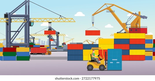 Vetor de fundo de quintal de porta de desenho animado, Ilustração de fundo de porta, Containers, Guindastes pesados, Caminhões, Arte vetorial