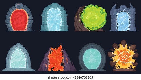 Cartoon portals. Fantastic stone portals. Teleportation doors of different shapes and colors. Vector illustration