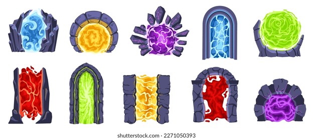 Portales de caricaturas. Fantasía puerta de juego a otras dimensiones, telepuerto mágico y arcos de piedra entre mundos aislados de ilustraciones vectoriales. Arcos de diferentes formas y colores planos