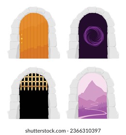 Cartoon portals. Magic fantasy game teleports. Castle wooden gate, medieval cartoon entrance grate, stone arch. Vintage architecture palace entry, ancient city element. Castle gate outdoor portal 