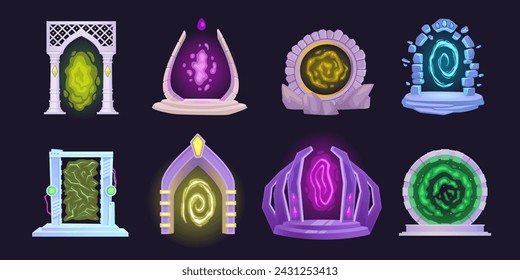 Cartoon portals. Magic teleport glowing energy, rock doorway in mystery world space dimension, wizard gate stone arc fantasia bright entrance, game ui vector illustration of magic portal energy